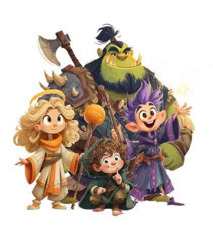 Five Brave and Bonkers heroes grinning in a tight group: bright flat-cartoon adventurers, from halo kid to half-orc.