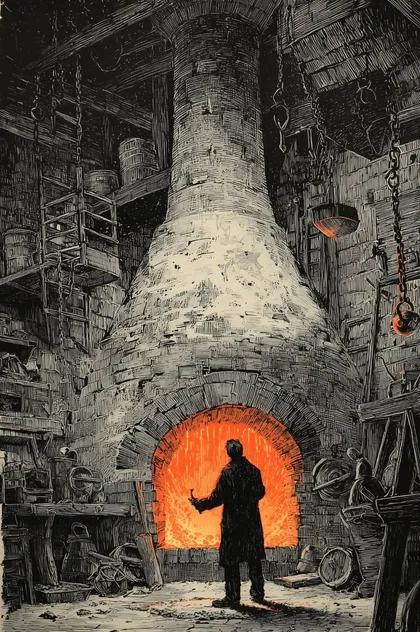 Hungry Light zine cover: a silhouetted figure before the orange glow of a great brick furnace, dense crosshatched ink.