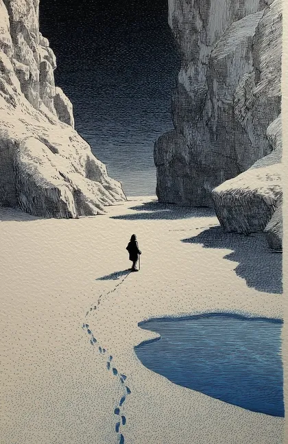 The Long Cold zine cover: a lone traveler and a trail of footprints crossing a snowfield between dark canyon walls.